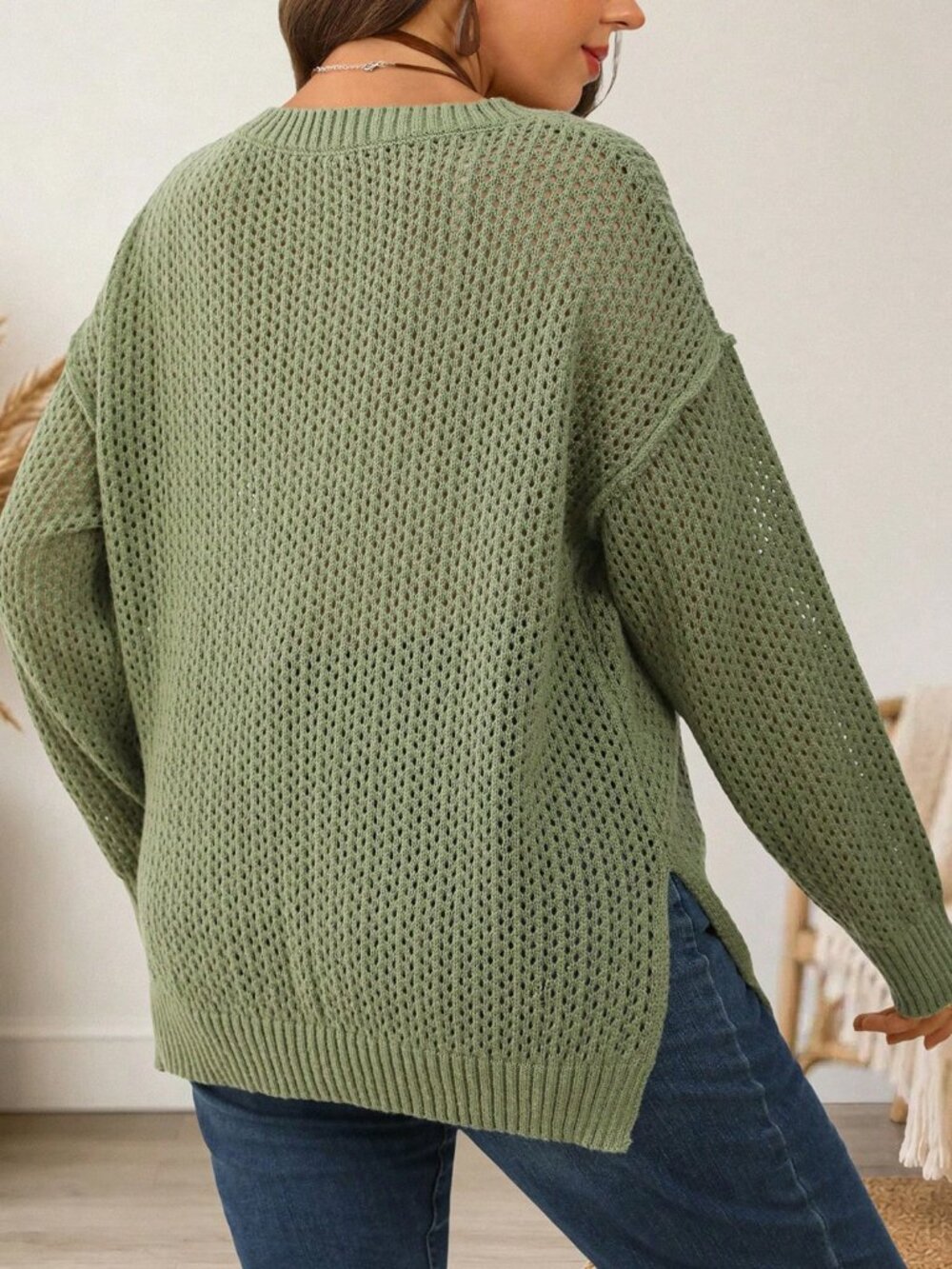 Green Casual Women's Plus Size Loose Hollow V-Neck Drop Shoulder Sweater - Picture 2 of 7